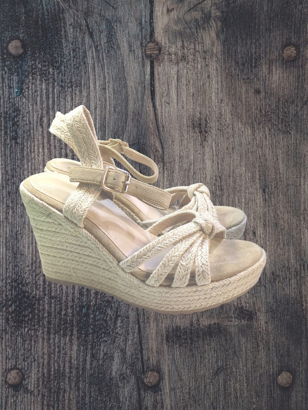 Woven Espadrille Wedge Sandals in Beige